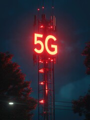 Obraz premium Nighttime 5G tower with red lights
