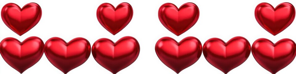 Fototapeta premium Shiny red 3D hearts arranged in rows on a white background, ideal for love themes, Valentine’s Day decorations, and romantic designs