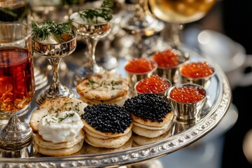 Naklejka premium Luxury Caviar and Salmon Appetizers Platter