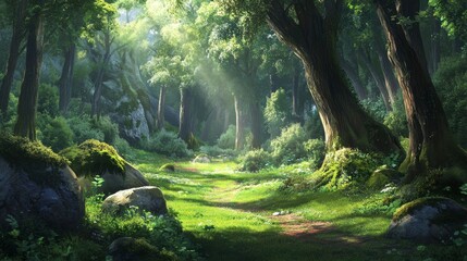Cartoon forest background, nature landscape with deciduous trees, moss on trunks and rocks, green grass, bushes and sunlight spots on ground. Scenery view, summer or spring wood vector illustration