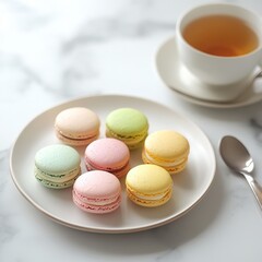Obraz premium A neatly arranged plate of assorted macarons with a cup of tea, served on a minimalist white plate, Macarons centered