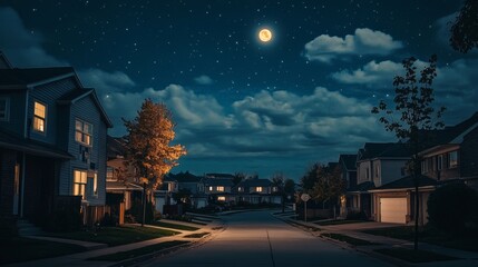 Street in suburb district with residential houses at night. Vector cartoon landscape with suburban cottages, moon and stars in dark sky. City neighborhood with real estate property