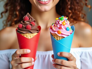 Uśmiechnięta kobieta trzymająca dwa kolorowe lody waflowe