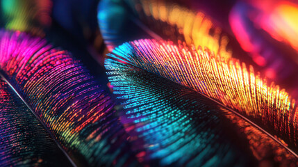 A close-up of colorful peacock feathers, showcasing their iridescent patterns and textures