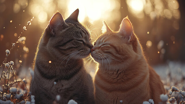 Amicizia Invernale: Due Gatti Giocano in un Bosco Incantato al Tramonto