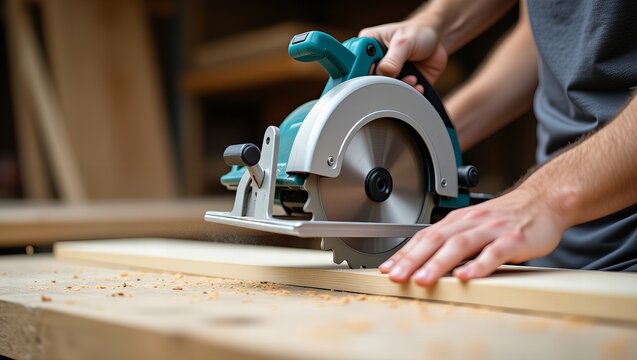 Cieśla używający piły tarczowej do cięcia drewna w warsztacie