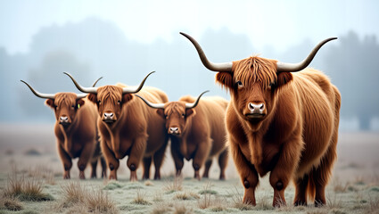 Highland Cattle Herd Standing in a Misty Field
