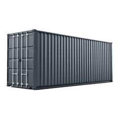 A gray shipping container is shown from the side view, isolated on transparent background. The sturdy metal structure is commonly used for freight, storage, or transportation purposes