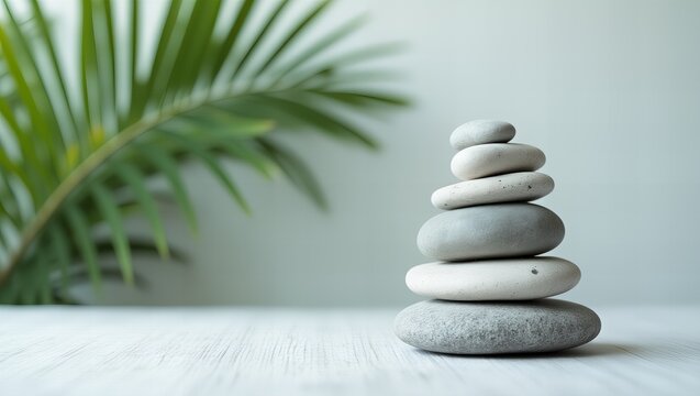 Stacked Zen Stones on Marble Surface with Tropical Leaf Background