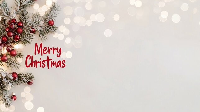 "Merry Christmas" in bright, bold red font, set against a blurred background of soft white bokeh and hints of greenery, creating a clean, fresh, and festive holiday look.