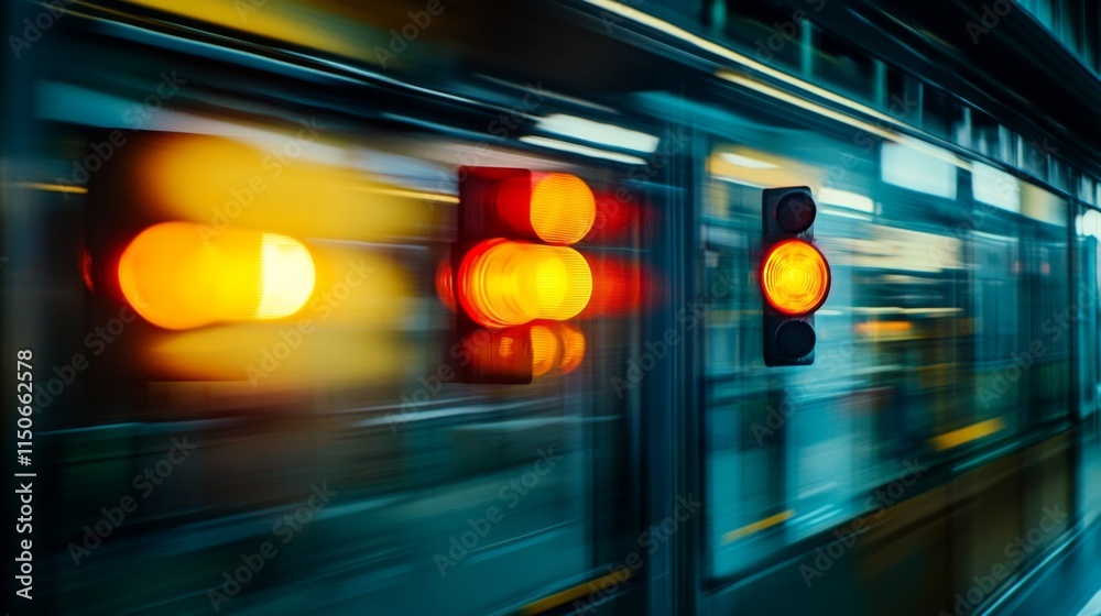 Poster abstract motion blur of traffic lights in urban environment