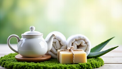 Zestaw spa z czajnikiem, zwiniętymi ręcznikami i naturalnym mydłem