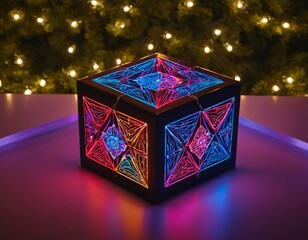 A vibrant, colorful illuminated box with intricate designs, casting a mesmerizing glow in a festive...