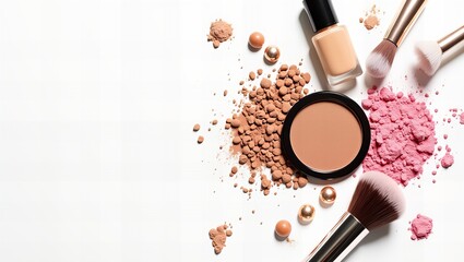 Płaski zestaw kosmetyków, w tym pokruszony bronzer, sypki puder, buteleczka podkładu i pędzel do makijażu z rozproszonymi pigmentami.
