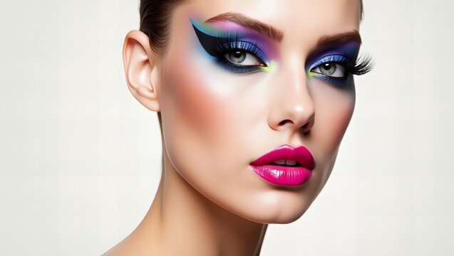 Piękna kobieta z wyrazistym, artystycznym makijażem i wyrazistymi, r&oacute;żowymi ustami