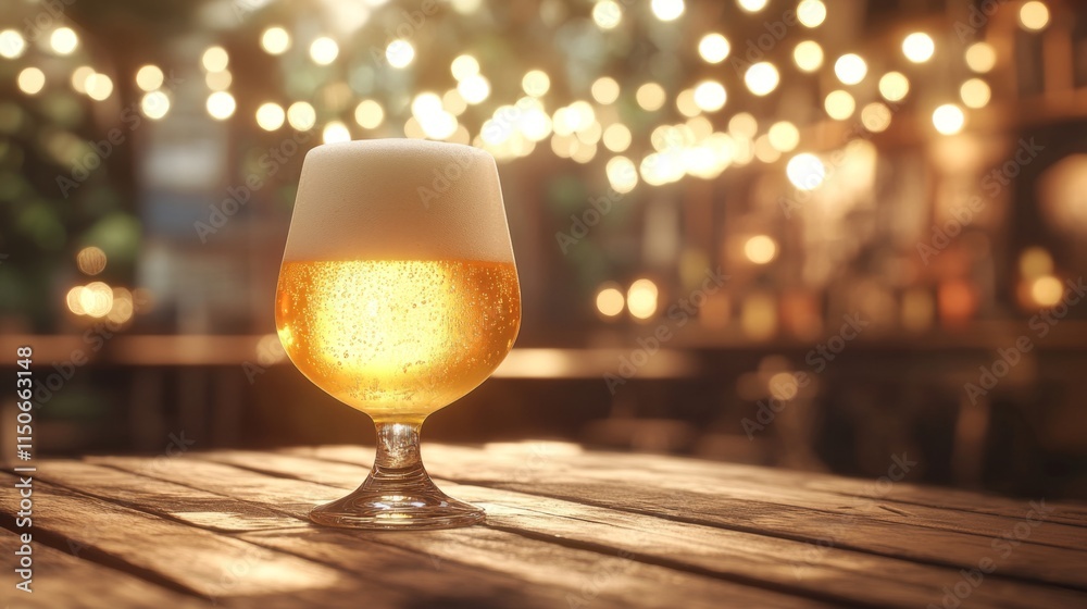 Poster Refreshing Craft Beer in a Clear Glass with Bokeh Lights Background