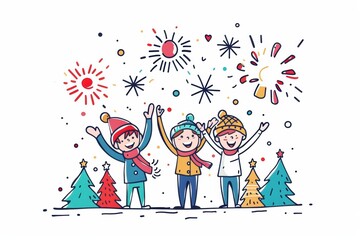 Fototapeta premium Cute and funny New Year cartoon celebration on a white background.