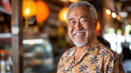 Fototapeta premium A friendly East Asian man smiles warmly while discussing business in a naturally lit, bustling environment