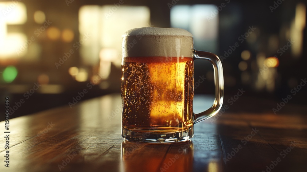 Poster glass mug of golden beer with foam on wooden table in bar atmosphere
