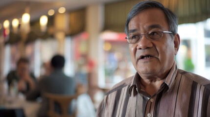 Obraz premium A South Asian man discusses business matters with enthusiasm, surrounded by patrons in a lively cafe during daytime