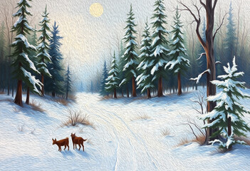 Winter landscape painted with oil paint. Pattern for printing on wall decorations and covers