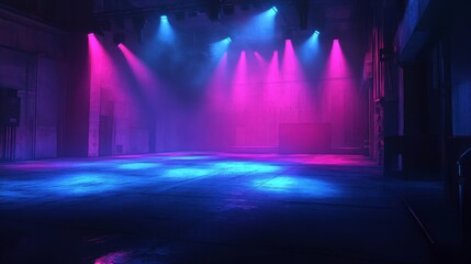 Stage illuminated by blue and pink spotlights. Empty scene with spots of light on floor. Vector realistic illustration of studio, theater or club interior with color beams of lamps