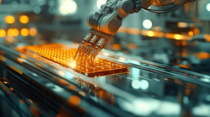 Futuristic assembly robotic arm crafting hightech devices