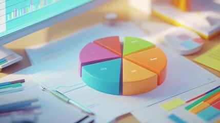 Colorful Pie Chart on a Desk with Business Documents and Tools