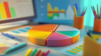 Fototapeta premium Colorful Pie Chart on Desk Surrounded by Office Supplies and Data
