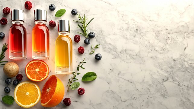 Essential oil vials surrounded by colorful herbal elements, presented on a sleek marble surface for editorial appeal.