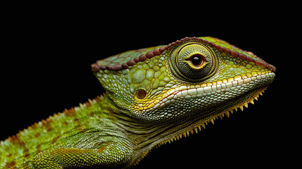 Obraz premium Beautiful chameleon reptile animal closeup, veiled lizard with colorful camouflage, green and exotic reptile in wildlife nature fauna, side view showing details of skin and eye.