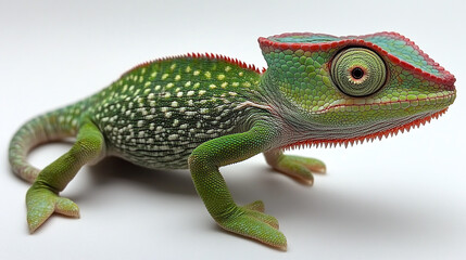 Obraz premium Beautiful chameleon reptile animal closeup, veiled lizard with colorful camouflage, green and exotic reptile in wildlife nature fauna, side view showing details of skin and eye.