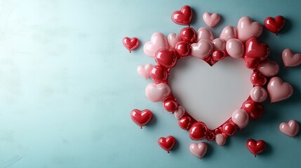 Obraz premium A photo frame shaped like a heart, surrounded by floating red and pink heart-shaped balloons. The background is light and festive, with a blank white center for the photo.