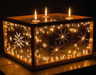 A decorative illuminated box with candles and twinkling fairy lights, creating a cozy winter...