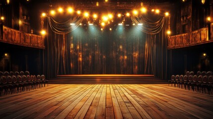 Theater stage with red curtains, spotlights and empty seats rows. Theatre interior with wooden scene with luxury velvet drapes, music hall, opera, drama cartoon background, Vector illustration