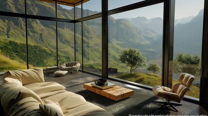"Ultra-modern cabin in the mountains with large glass walls, minimalist furniture, and panoramic views of nature."
