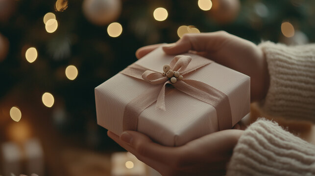 A moment of delight as a pair of hands opens a gift with delicate, colorful wrapping, with a soft, blurred backdrop of wintery decorations, bokeh lights, and festive greenery.