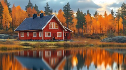 Fototapeta premium Red Cabin Autumn Lakeside Forest Setting