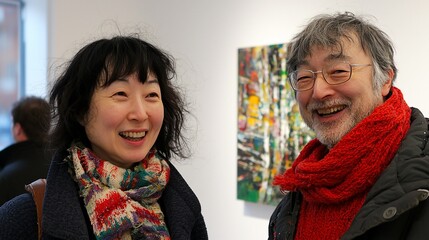 Happy couple at art gallery exhibition.