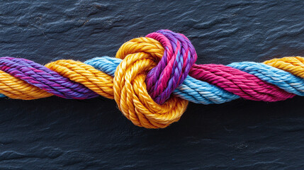 Fototapeta premium Copy space on colorful rope tied in knot symbolizing society partnership group solidarity trust together in teamwork diversity with unity connection string, collaboration support, friendship success.