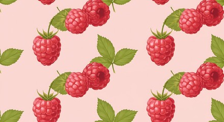 Sweet red raspberries, healthy berries, summer fruit pattern.  Vibrant illustration.