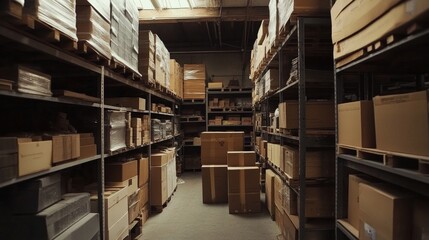 Obraz premium Warehouse interior with cardboard boxes on metal racks. Vector cartoon illustration of empty storage room interior with goods, cargo and parcels on shelves. Storehouse in store, garage, market