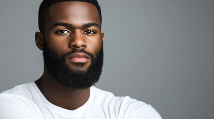 Obraz premium Handsome young african american man with a confident serious expression and beard, posing in casual stylish wear, attractive model fashion and a strong presence in a portrait setting.