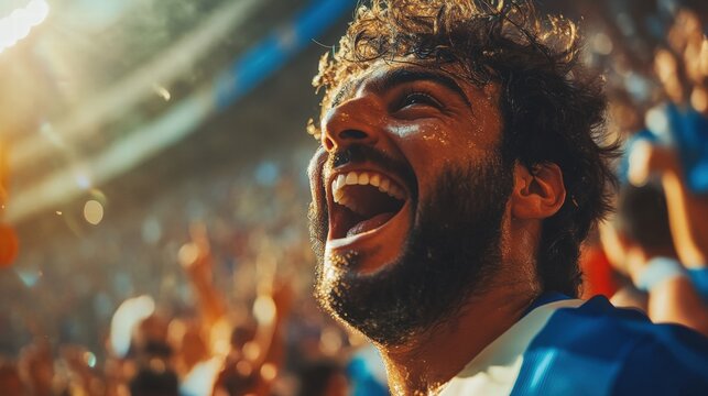 Excited Sports Fan Cheering at a Stadium Event. Close-up of an enthusiastic man celebrating in a vibrant stadium crowd, capturing the joy and energy of a live sports event.