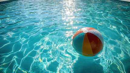 Bright beach ball floating in a sparkling blue swimming pool on a sunny day