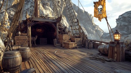 Pirate ship wooden deck onboard view, boat with cannon, wood boxes and barrel, hold entrance, mast with ropes, lantern and skull buccaneer flag on rocky seascape background cartoon vector illustration