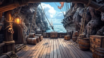 Obraz premium Pirate ship wooden deck onboard view, boat with cannon, wood boxes and barrel, hold entrance, mast with ropes, lantern and skull buccaneer flag on rocky seascape background cartoon vector illustration