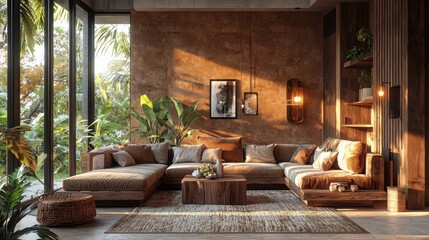 Cozy living room with natural light and greenery in a contemporary setting