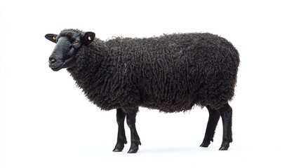 Side view full body length portrait of black sheep isolated on white background. domestic livestock animal, unique and different concept, odd, leadership, individuality.