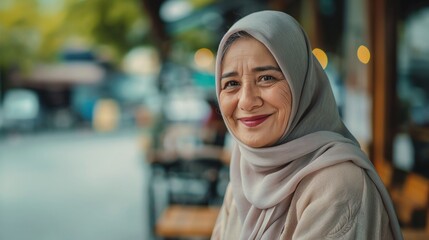 A Middle Eastern woman does business with a warm smile, blending connection and professionalism outdoors